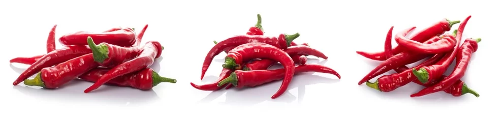 Fotobehang Hete pepers Hot chili red peppers. Peppers chili full macro shoot food ingredient on white isolated.