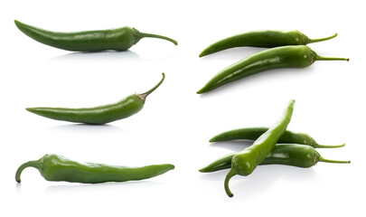 Green chili pepper isolated on a white background. Set or Collection