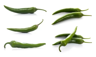 Fotobehang Green chili pepper isolated on a white background. Set or Collection © eliosdnepr