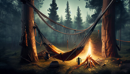 AI generated photo of bushcraft camp in a dense forest in alaska or canada during the evening with a campfire