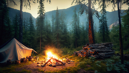 AI generated photo of bushcraft camp in a dense forest in alaska or canada during the evening with a campfire