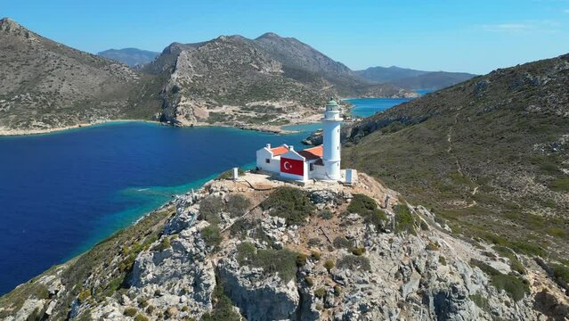 Knidos lighthouse on the cliff at Datca peninsula in Turkey. Beautiful mediterranean seascape with a lighthouse on rocks.