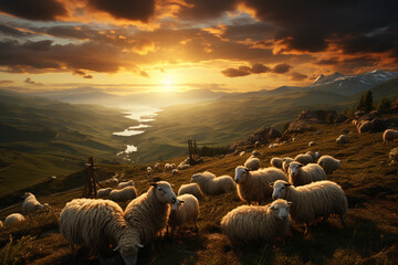 sheep pasture in mountains ariel view - obrazy, fototapety, plakaty