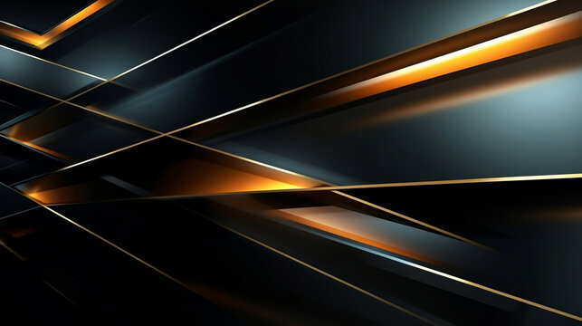 Gold oblique crossing lines on black with glowing light, futuristic and business concept illustration, modern luxury abstract background.