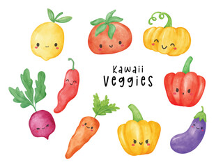 Kawaii Watercolor Vegetable Characters Collection. Cute and Colorful Illustrations