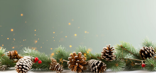 Christmas New Years greeting card long banner with green pine tree branches pine cones red holly berries on grey background with gold glitter. Template with copy space