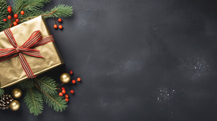 Christmas gift box and ornaments on black background, top view, Christmas background.
