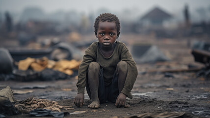 Little African child alone. Poverty and lack of resources