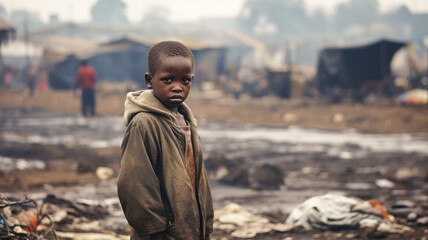 Little African boy alone in a village. Poverty and lack of resources - obrazy, fototapety, plakaty