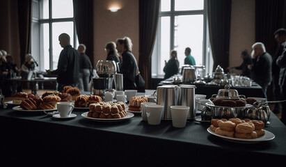 Coffee break and lunch at seminar. Variety of snacks and drinks on table. Generative AI