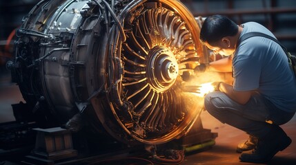 aircraft engine repair service. A man repairs an airplane engine.