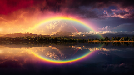 The rainbow phenomenon that appears after rain, featuring vivid colors spanning across the sky