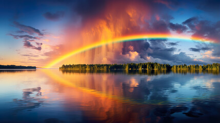 The rainbow phenomenon that appears after rain, featuring vivid colors spanning across the sky