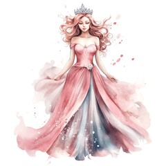 portrait of a girl in a pink dress, watercolor style, white background