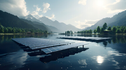 Solar panels afloat on a tranquil lake, capturing solar energy while conserving land space
