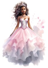 portrait of a girl in a pink dress, watercolor style, white background