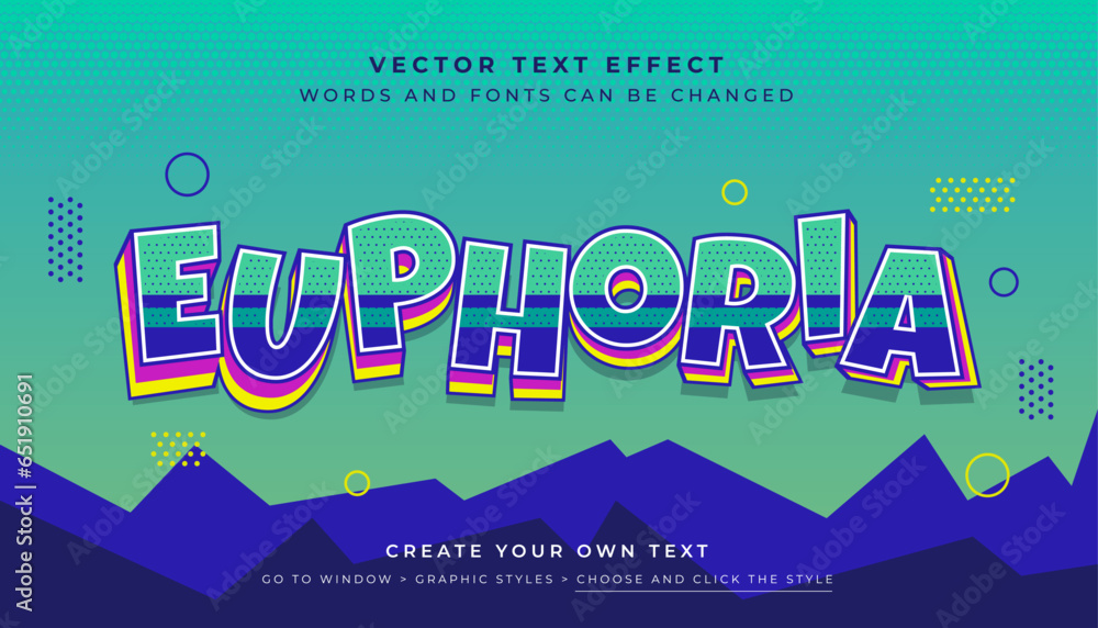 Poster vector editable 3d blue outline text effect. fun euphoria graphic style on blue retro abstract backg