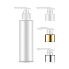 Blank Dispenser Bottle Mockup With Plastic, Metallic, Golden Caps, Isolated on White Background. Vector Illustration