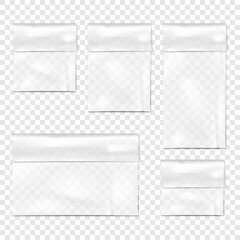 Clear plastic vinyl envelope pouch vector mock-up set. Transparent fold top PVC bag packaging mockup kit. Cellophane package collection template