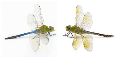 Male and female common green darner - Anax junius - is a species of dragonfly in the family Aeshnidae. One of the most common species throughout North America isolated on white background two views - Powered by Adobe