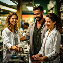 two  woman pharmacist smiling while attending a man customer at counter 