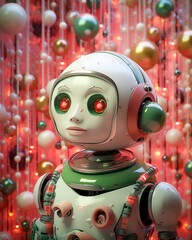 On the eve of a new year, a robotic toy stands in front of a beaded curtain, joyously ushering in a futuristic and cartoon-like holiday season