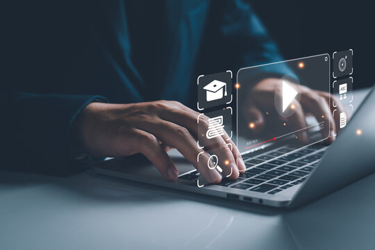 E-learning, Learning online with webinar, video clip tutorial, internet lessons, webinar, education online concept, video tutorial, education concept, technology education, online seminar meeting.