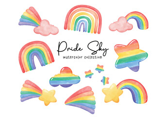 Cute cheerful Pride Month Watercolor Sky Element in Rainbow Colors, LGBTQ+ Celebration featuring a rainbow, stars, cloud