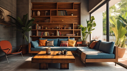 A modern living room designed with upcycled furniture and materials, showcasing society's shift towards sustainable and environmentally conscious interior choices - obrazy, fototapety, plakaty