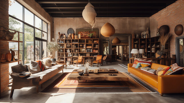 A modern living room designed with upcycled furniture and materials, showcasing society's shift towards sustainable and environmentally conscious interior choices