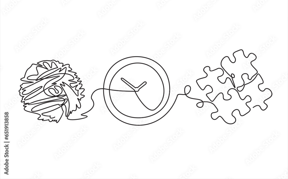 Poster chaos,clock and puzzle , abstract concept vector illustration. metaphor of disorganized difficult pr