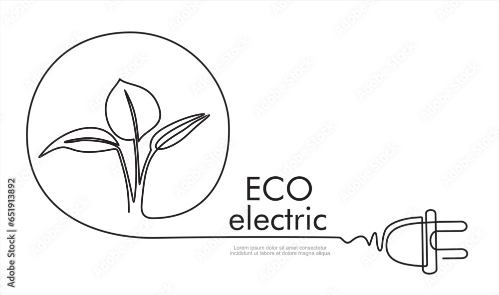 Poster continuous one line drawing of eco plug with leaf. save energy icon.energy saving symbol. vector