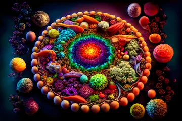 Fotobehang Happy very colorful vegetables growing out of bottom part of image soil filled with red wigglers eating the decomposing fungi bacteria amoebe flagelates ciliates sacred geometry psychedelic DMT  © Romona