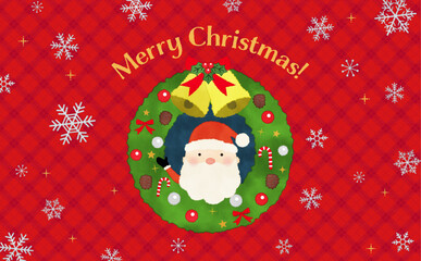 サンタクロースとクリスマスリースの水彩風イラスト