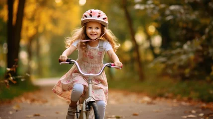 Foto op Plexiglas A cheerful child girl riding a bicycle for the first time. Generative Ai © tong2530