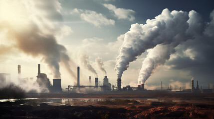 Industrial stacks emitting both steam and pollutants into the atmosphere