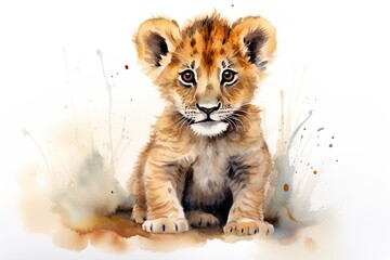 A vibrant watercolor painting capturing the innocence and beauty of a lion cub created with Generative AI technology