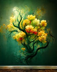 Wall Mural Green coral Abstract colorful oil acrylic painting of spring flower Hand painted brush stroke on canvas floral background Modern art flowers with yellow red color wondrous dramatic 
