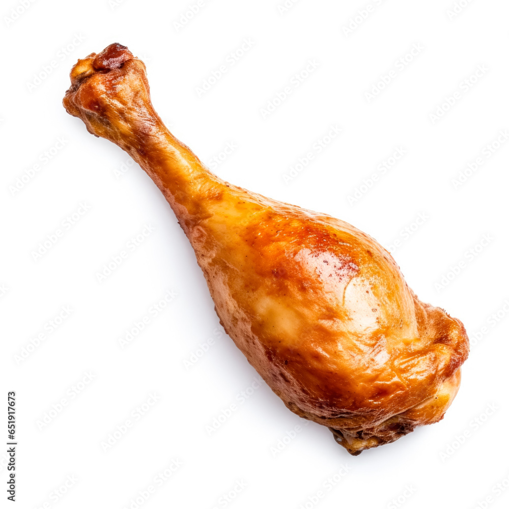 Sticker Appetizing roast chicken drumstick cleanly isolated on a stark white background 