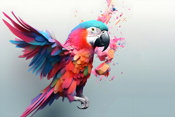 Crystal glossy colorful macaw on dark background, crystal bird background, white 3D bird creative illustration. Generative AI
