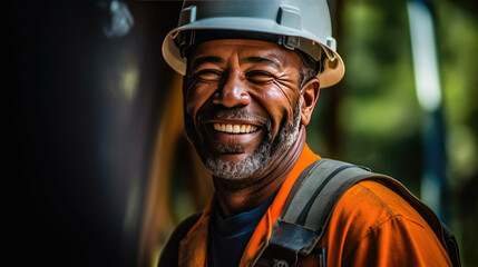 Fototapeta premium A smiling man working on a construction site, construction hard hat and work vest. middle aged. Generative Ai