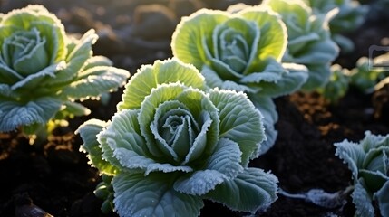 close up of cabbage plant covered in frost, growing outside on a cold icy day, on an allotment in winter - obrazy, fototapety, plakaty