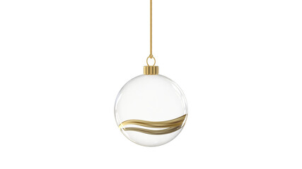 glossy transparent glass christmas ball christmastree with horizontal 3D golden flow hanging from top upright 3D rendering isolated
