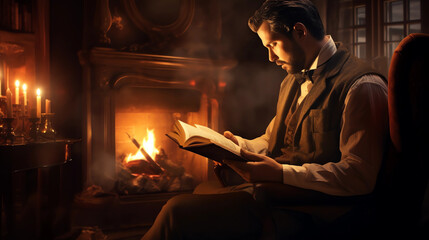 Man reading a vintage book. Evening relaxation. A gentleman in a softly lit room engrossed in a classic novel