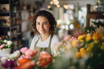 Woman working as florist in shop and smiling.  Generative AI - obrazy, fototapety, plakaty