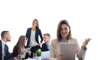 Happy smart business woman with tablet with team mates discussing on a transparent background