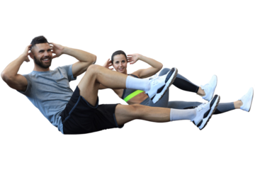 Attractive man and woman working in pairs performing sit ups on a transparent background