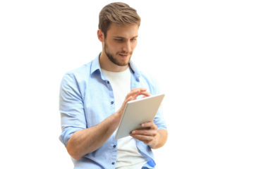 Businessman using his tablet in the office on a transparent background