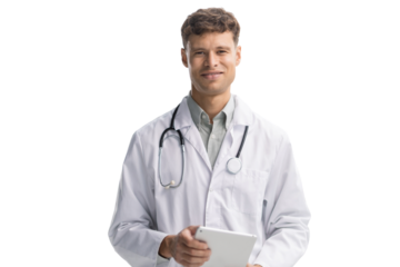 Handsome friendly young doctor on hospital corridor looking at camera, smiling on a transparent background
