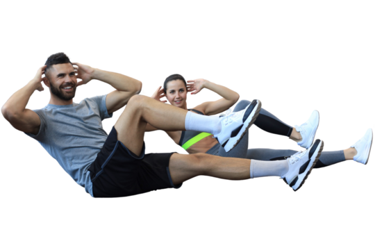 Attractive man and woman working in pairs performing sit ups on a transparent background - Powered by Adobe